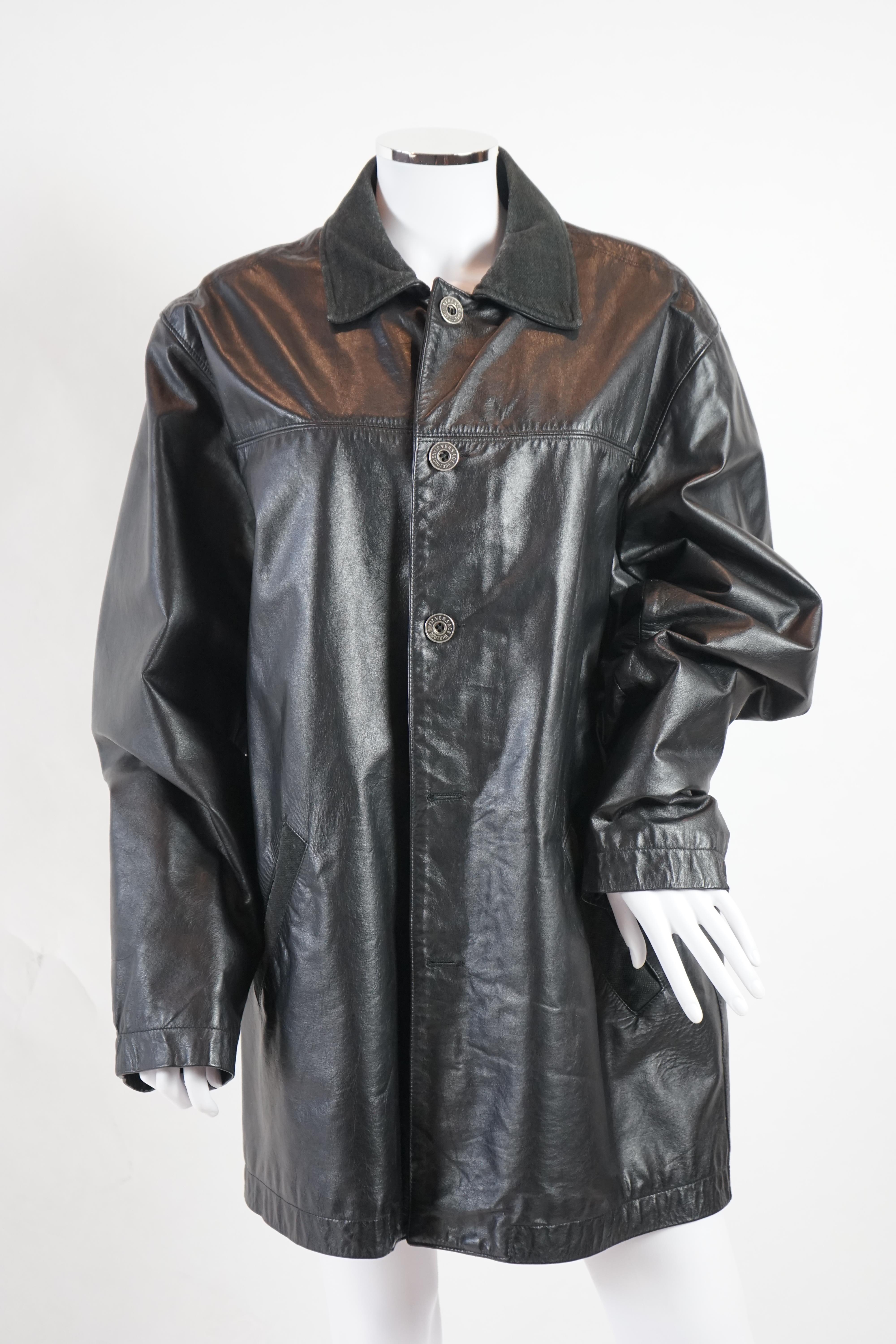 A Versace Jeans Couture men's black leather jacket and a Donna Karan men's black leather jacket, Size L